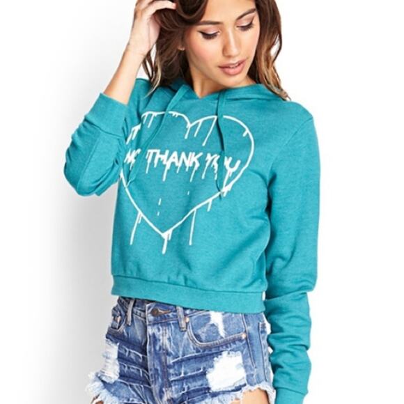Forever 21 Teal No Thank You Dripping Heart Cropped Hoodie Pullover Sweater S - Picture 1 of 15